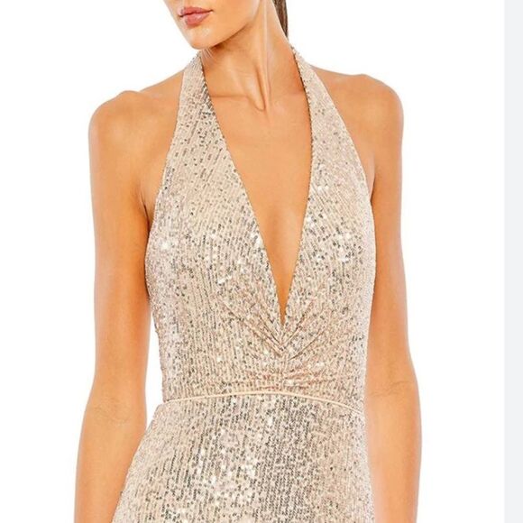 NEW Mac Duggal 11277 Women's Ieena Sequined Halter Strap Plunge Neck Gown - Picture 2 of 6